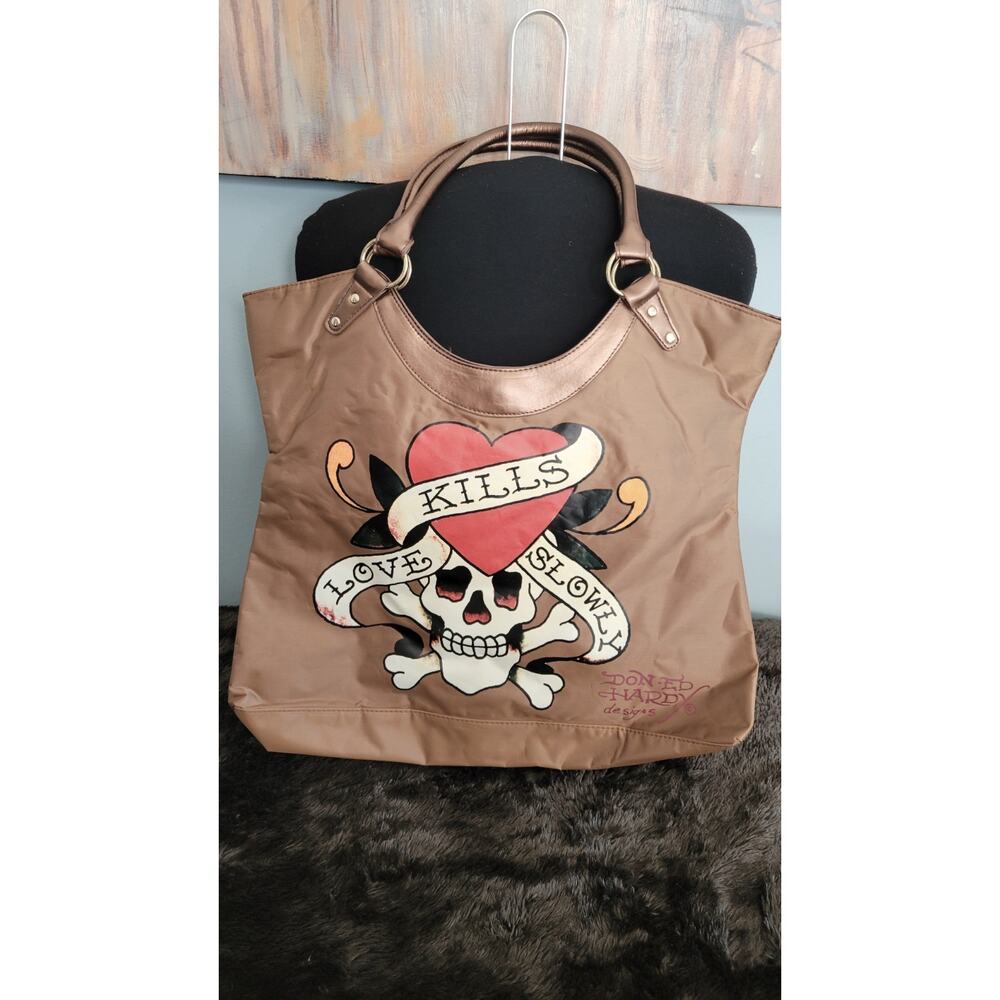 Vintage Y2K Ed Hardy Love Kills Slowly Tote Bag Brown Skull Heart Punk Tattoo...